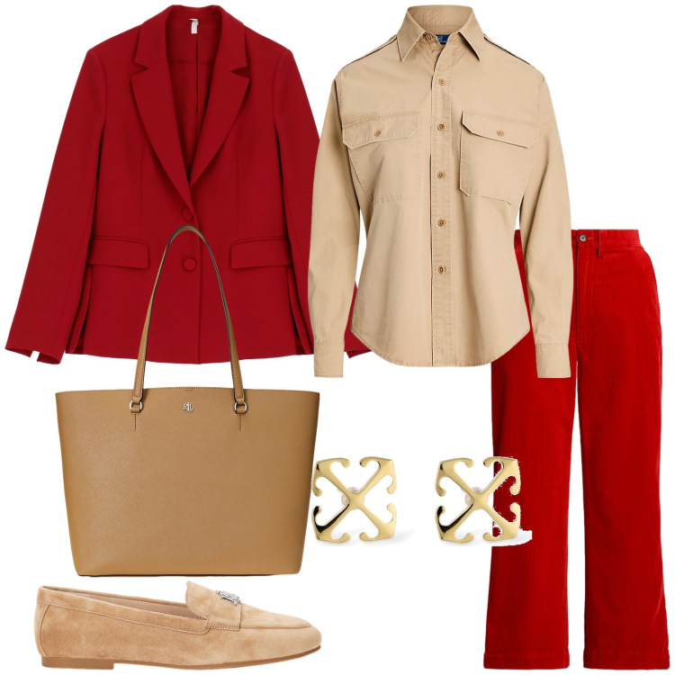 Outfit donna - Business woman - elegante in rosso. Stile Chic per Ufficio. Abbinamento con blazer, mocassini, camicie, pantaloni, borse tote, orecchini.