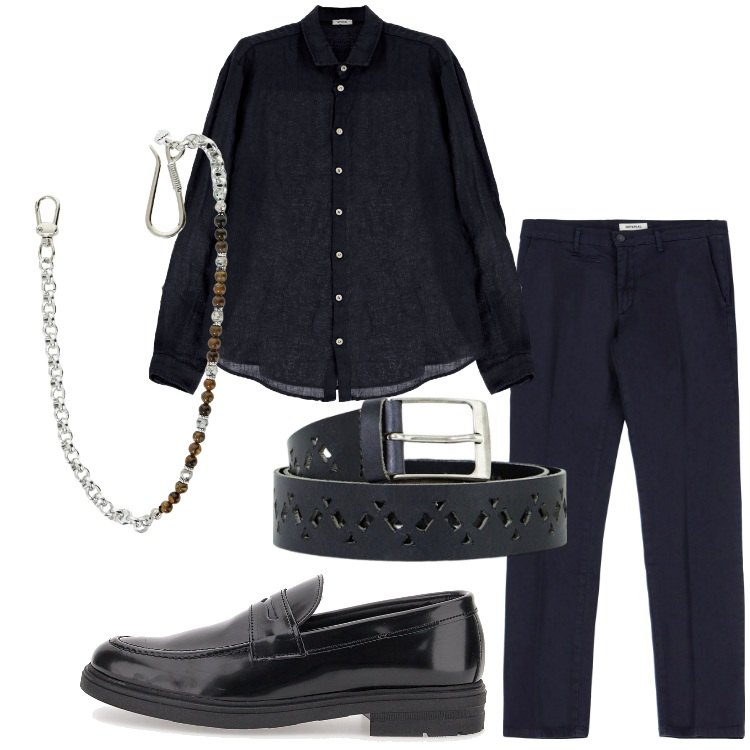 Outfit uomo - Total Black. Stile Trendy per Serata speciale. Abbinamento con collane, cinture, pantaloni, camicie, scarpe stringate.