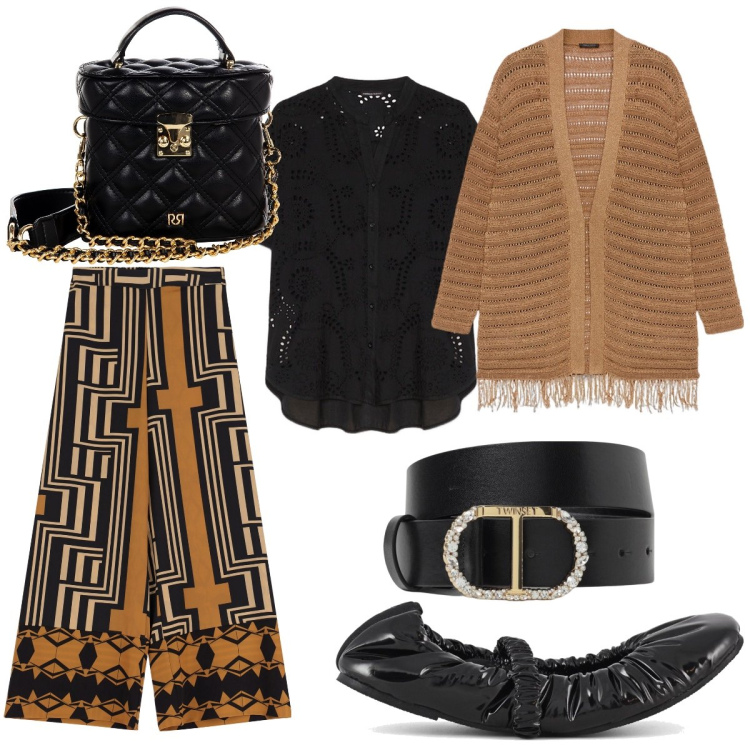 Outfit donna - Black&Brown. Stile Bon Ton per Tutti i giorni. Abbinamento con borse a mano, pantaloni a palazzo, ballerine, camicie a manica corta, cardigans, cinture.