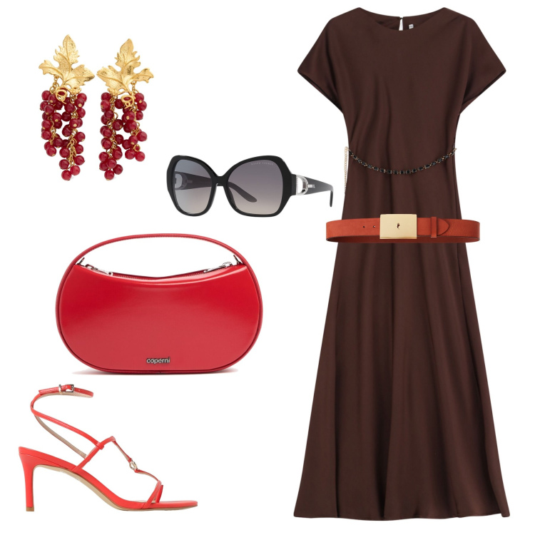 Outfit donna - Red and black. Stile Chic per Tutti i giorni. Abbinamento con vestiti lunghi, occhiali da sole, cinture, borse a mano, orecchini, sandali in pelle.