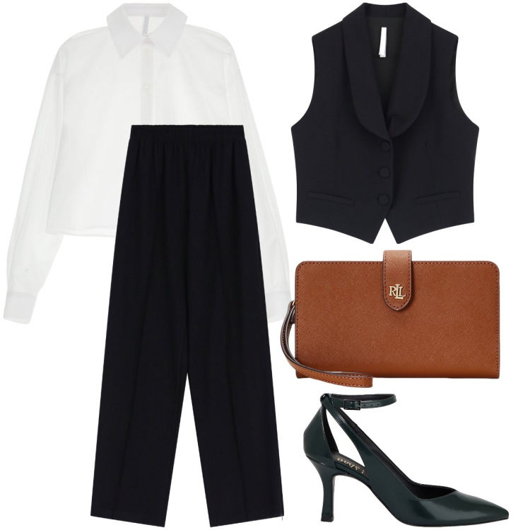 Outfit donna - Le décolleté verde petrolio. Stile Mannish per Ufficio. Abbinamento con pantaloni, gilet, camicie, décolleté, pochette.