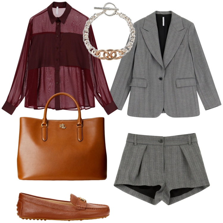 Outfit donna - Imperial back to office. Stile Chic per Ufficio. Abbinamento con camicie, shorts, blazer, borse a mano, mocassini, braccialetti.