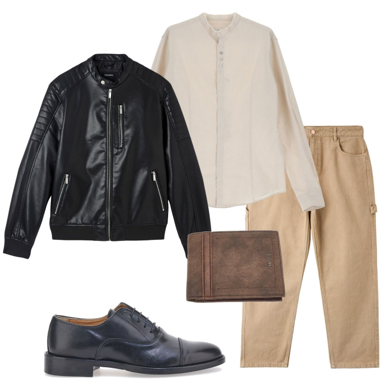 Outfit uomo - Beige e nero. Stile Urban per Serata speciale. Abbinamento con pantaloni, giacche, camicie, scarpe stringate, portafogli.