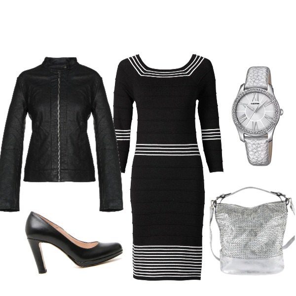 Outfit donna - Total look #195055. Stile Trendy per Serata fuori. Abbinamento con vestiti, borsa a tracolla effetto metallizzato, giubbotto collo coreana a maniche lunghe con zip interno foderato in pelle sintetica tinta unita, décolleté nero, scialle taglia unica blu, orologi analogici.