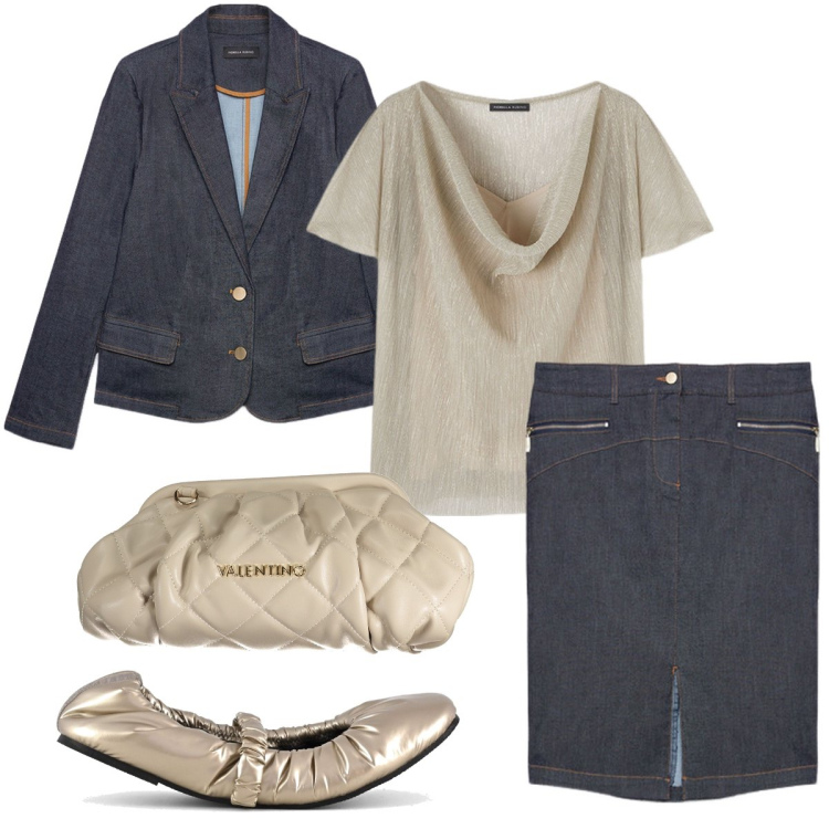 Outfit donna - Il completo in jeans. Stile Casual chic per Ufficio. Abbinamento con ballerine, gonne, t-shirt, blazer, borse a mano.