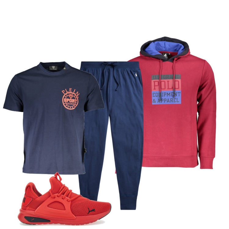 Outfit uomo - Una bella camminata. Stile Casual per Sport. Abbinamento con pantaloni, sneakers, felpe con cappuccio, t-shirt.