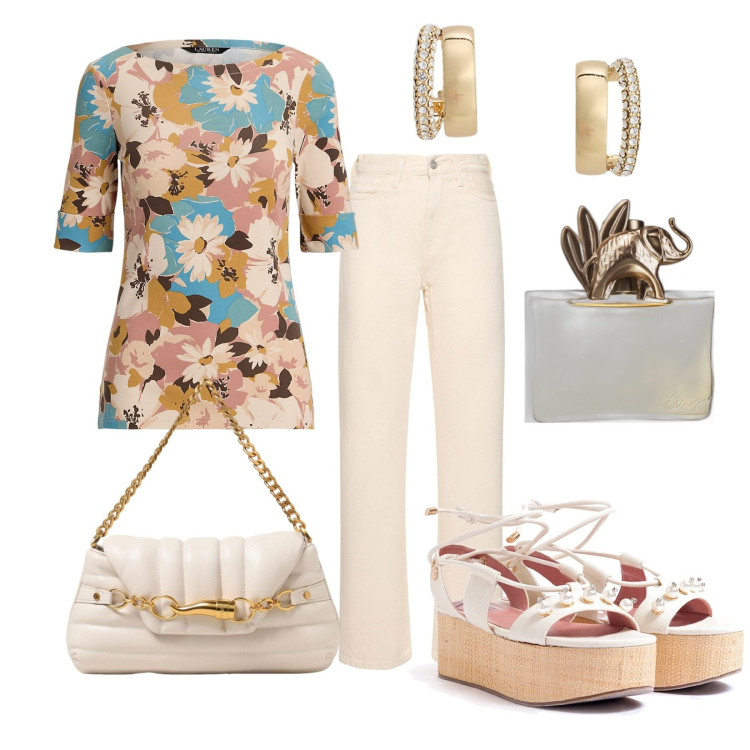 Outfit donna - Rientro in città. Stile Chic per Tutti i giorni. Abbinamento con profumi, sandali col tacco, maglieria, orecchini, jeans dritti, borse a spalla.