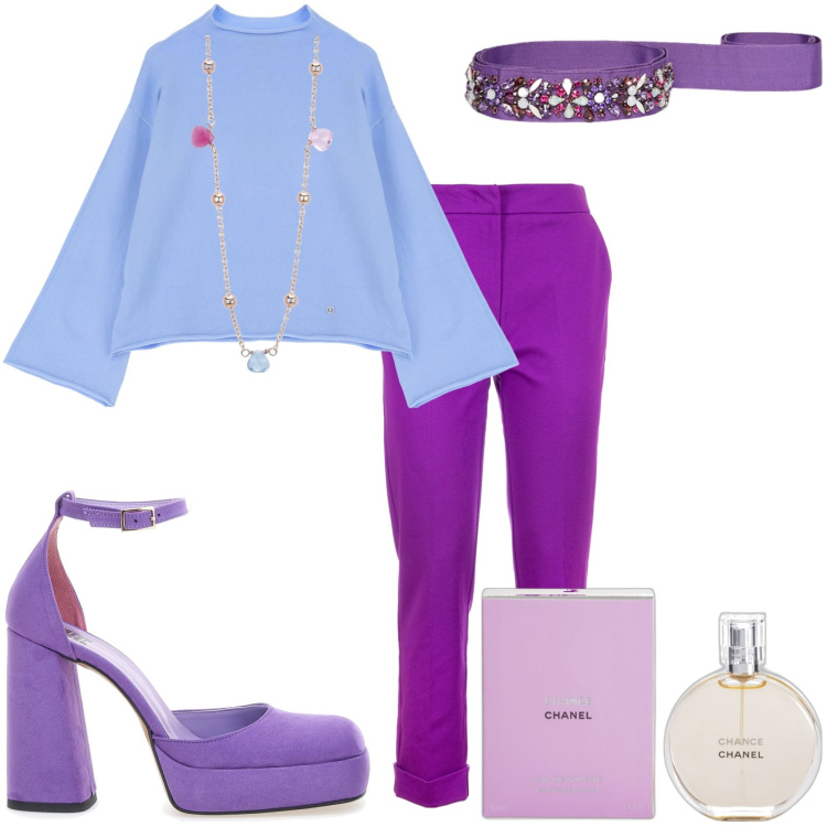 Outfit donna - Il colore viola. Stile Glamour per Tutti i giorni. Abbinamento con profumi, collane, pullovers, pantaloni, cinture, décolleté.