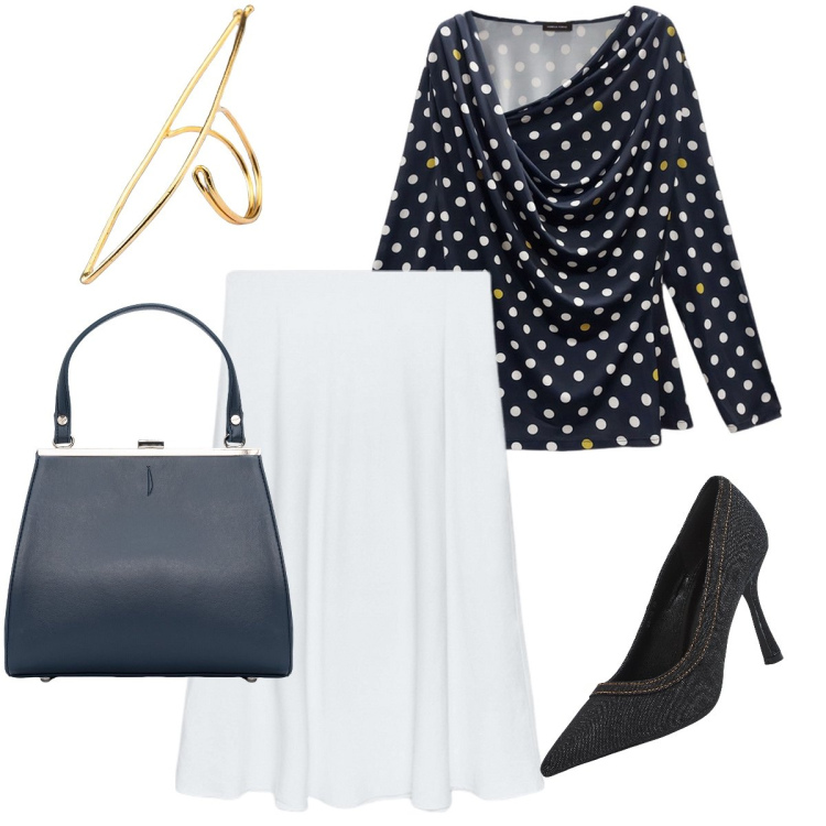 Outfit donna - La gonna bianca. Stile Bon Ton per Serata fuori. Abbinamento con décolleté, clutch, anelli, t-shirt, gonne.