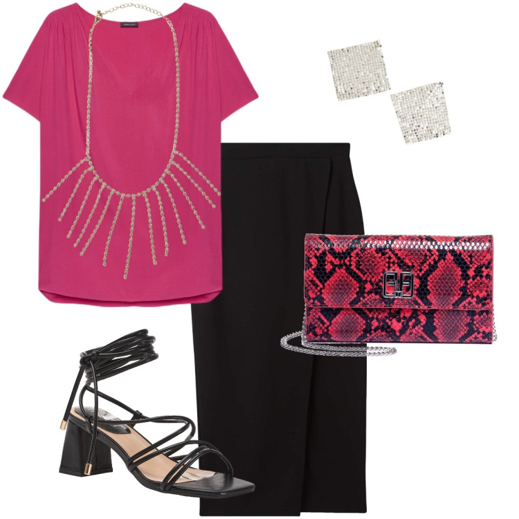 Outfit donna - La gonna a portafoglio. Stile Glamour per Serata fuori. Abbinamento con collane, orecchini, gonne longuette, sandali alla schiava, pochette, bluse.