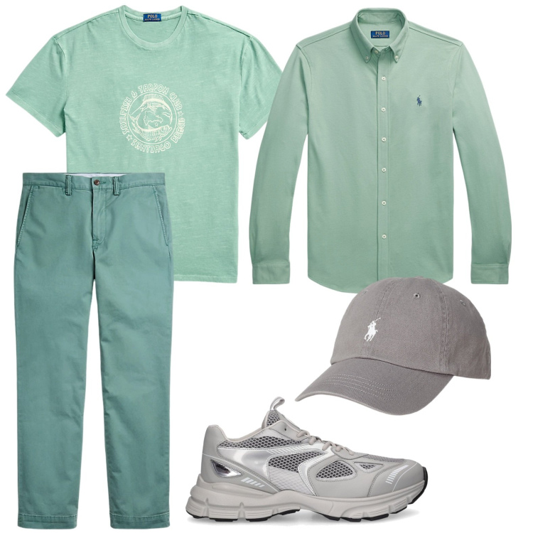 Outfit uomo - Green lover. Stile Trendy per Tutti i giorni. Abbinamento con cappelli, pantaloni, t-shirt, camicie, sneakers.
