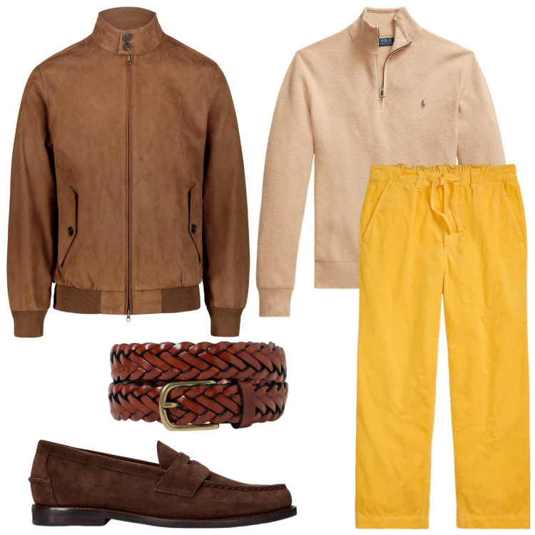 Outfit uomo - Giallo intrigante. Stile Trendy per Tutti i giorni. Abbinamento con scarpe stringate, maglieria, pantaloni, giacche, cinture.