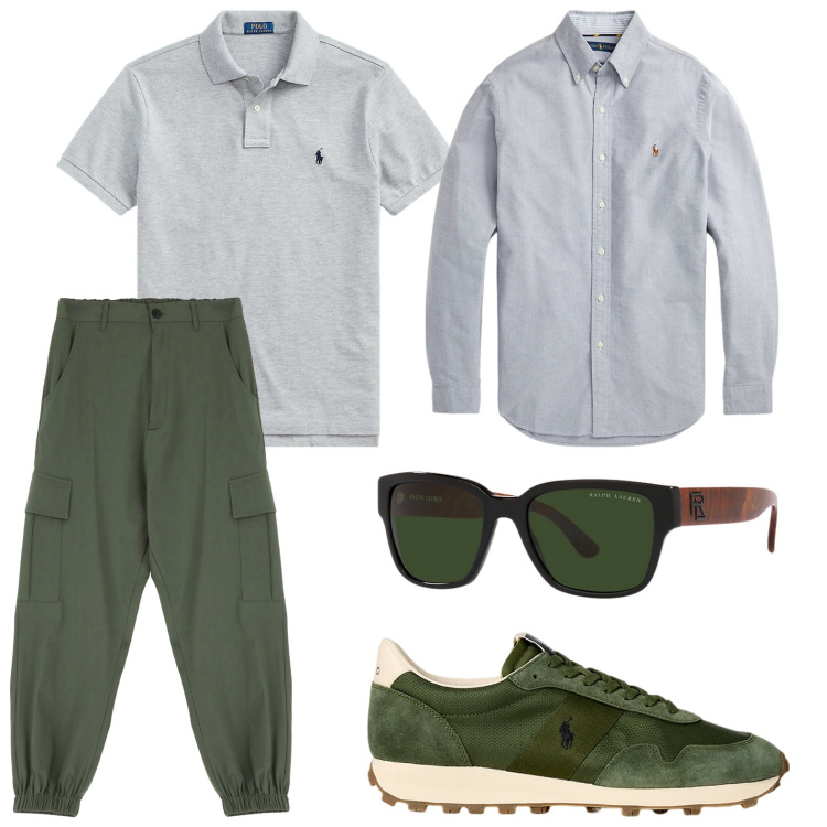 Outfit uomo - I cargo verde oliva. Stile Casual per Tutti i giorni. Abbinamento con pantaloni cargo, camicie, polo, occhiali da sole, sneakers.