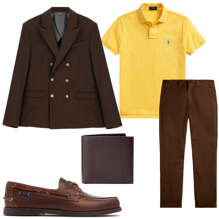 Outfit uomo - La polo gialla. Stile Trendy per Ufficio. Abbinamento con giacche, polo, portafogli, pantaloni, scarpe stringate.