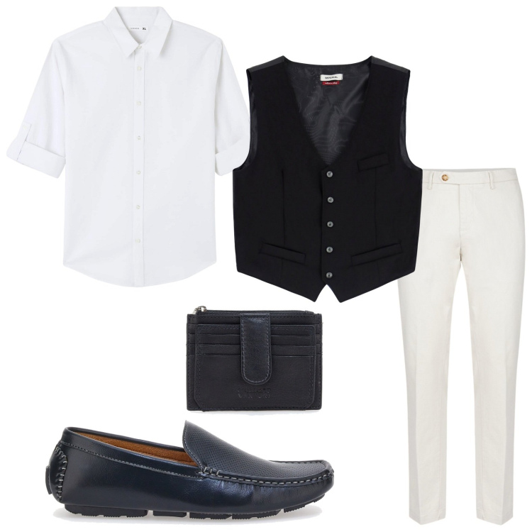 Outfit uomo - Black and white. Stile Casual per Ufficio. Abbinamento con camicie, gilet, pantaloni chino, scarpe stringate, portafogli.