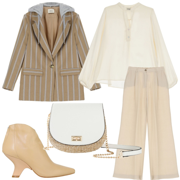 Outfit donna - La giacca gessata. Stile Chic per Ufficio. Abbinamento con borse a tracolla, blazer, stivaletti, camicie, pantaloni a palazzo.