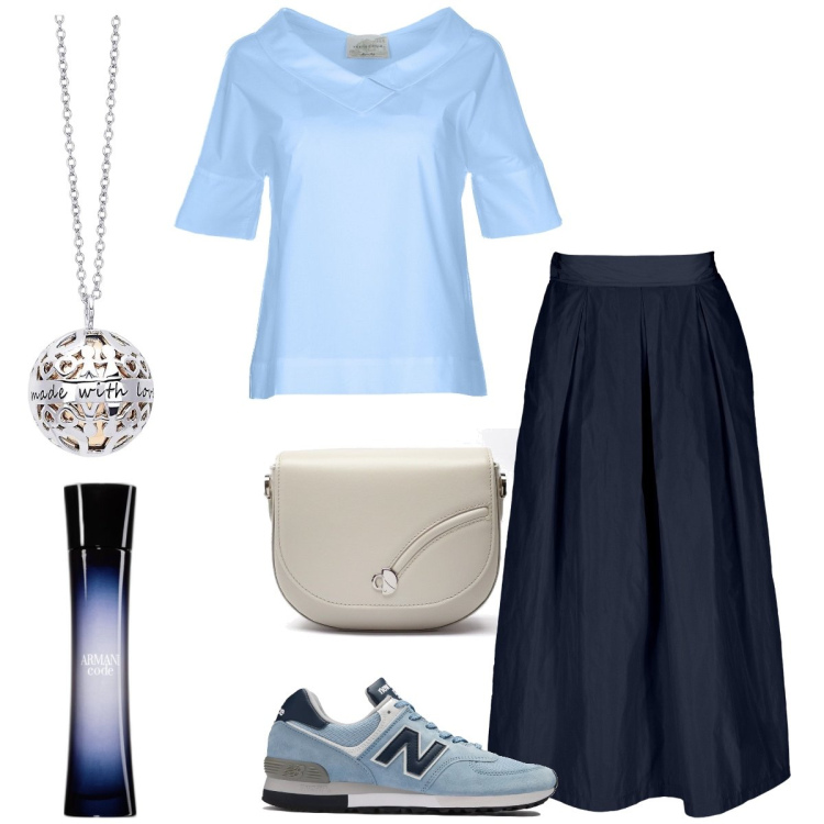 Outfit donna - Total look #1950661. Stile Sporty chic per Tutti i giorni. Abbinamento con profumi, collane, sneakers, gonne, bluse, borse a tracolla.