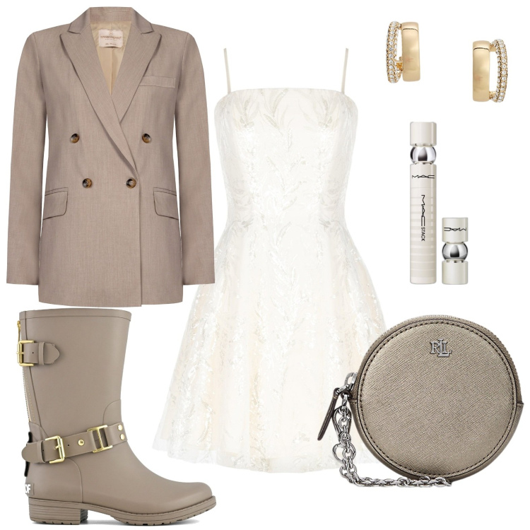 Outfit donna - Casual chic. Stile Chic per Serata fuori. Abbinamento con primer, vestiti corti, blazer, pochette, orecchini, stivali.