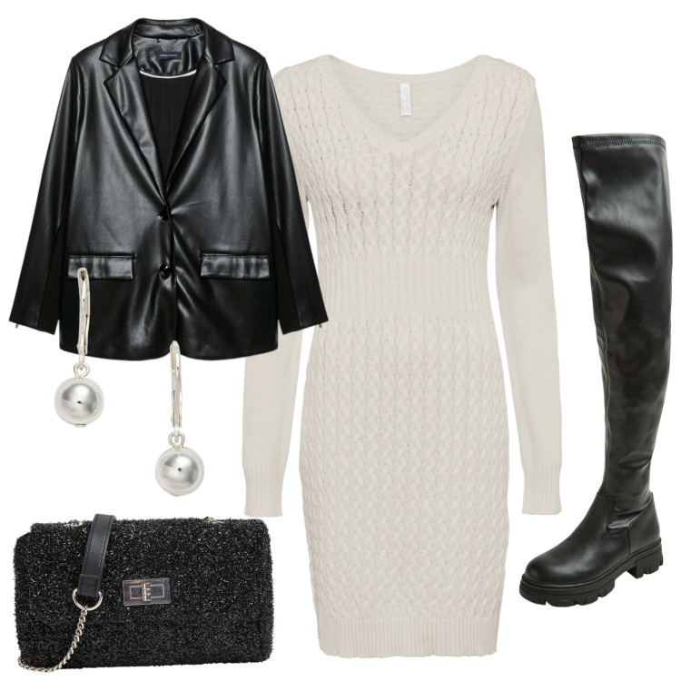 Outfit donna - Il vestito di maglia avvolgente. Stile Chic per Serata fuori. Abbinamento con vestiti, stivali, borse a tracolla, orecchini, blazer.