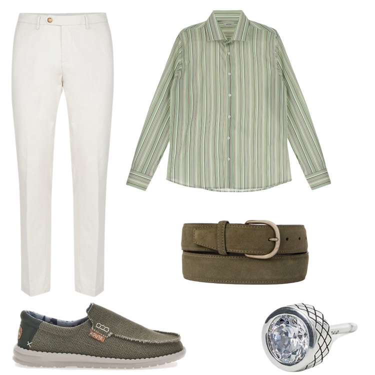 Outfit uomo - Aperitivo post lavoro con colleghi. Stile Casual per Serata speciale. Abbinamento con orecchini, camicie, pantaloni chino, cinture, scarpe stringate.