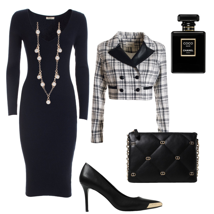 Outfit donna - Ufficio con un giacchino sfizioso. Stile Glamour per Ufficio. Abbinamento con profumi, collane, vestiti midi/longuette, blazer, borse a tracolla, scarpe col tacco.