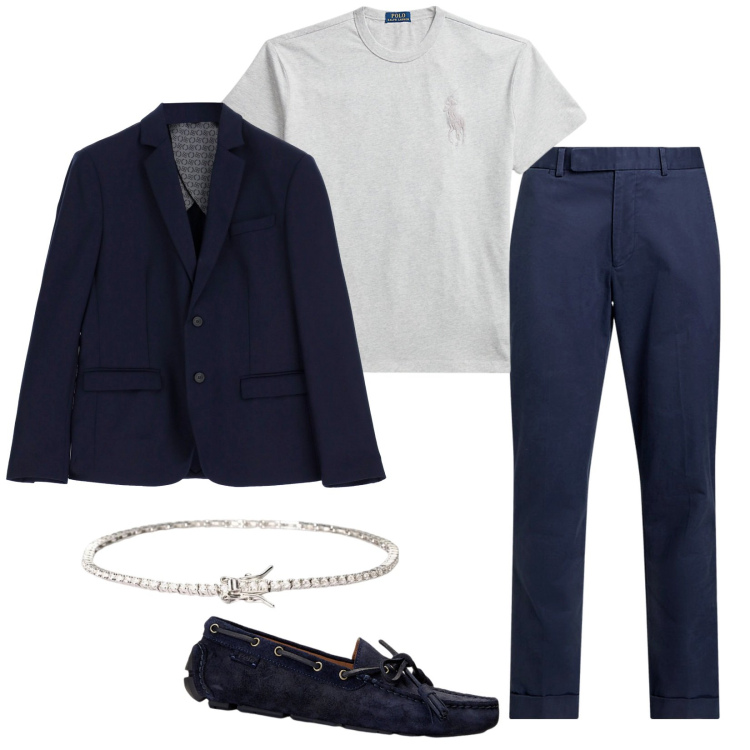 Outfit uomo - Cena informale. Stile Trendy per Serata speciale. Abbinamento con braccialetti, giacche, scarpe stringate, pantaloni chino, t-shirt.