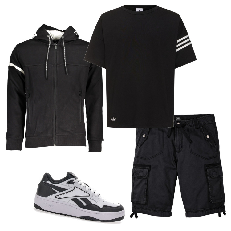 Outfit uomo - Total look #1950717. Stile Casual per Tutti i giorni. Abbinamento con bermuda, felpe con cappuccio, t-shirt, sneakers.