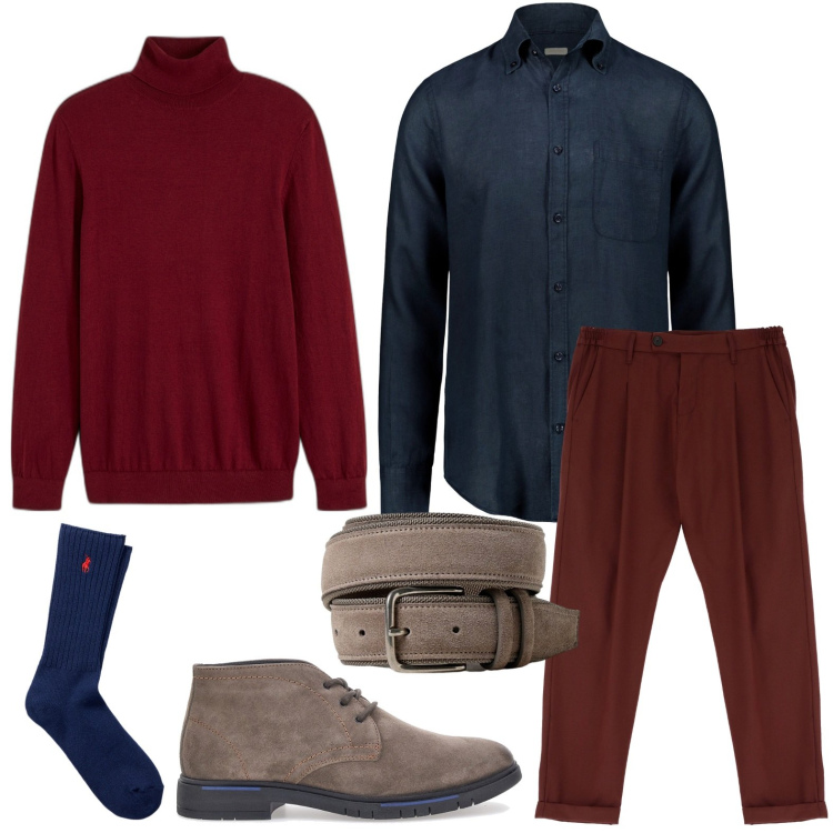 Outfit uomo - Amaranto e blu. Stile Casual per Ufficio. Abbinamento con maglieria, pantaloni, calzini, cinture, camicie, scarpe stringate.