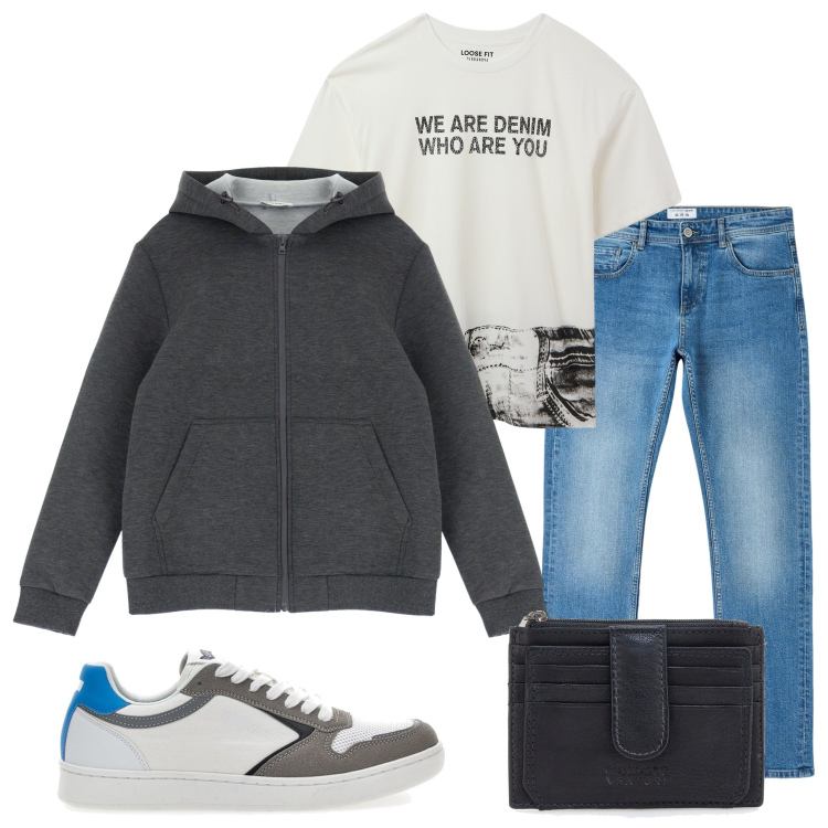 Outfit uomo - Sabato pomeriggio. Stile Casual per Tutti i giorni. Abbinamento con jeans dritti, t-shirt, felpe con cappuccio, sneakers, portafogli.
