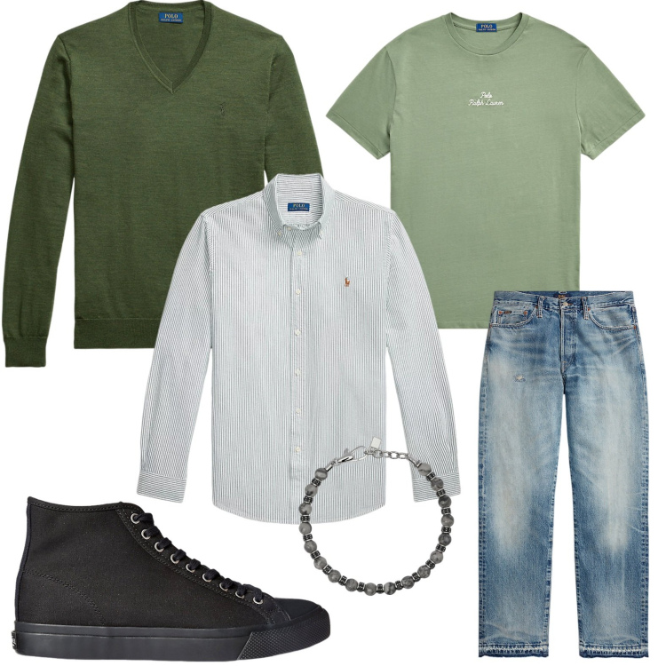 Outfit uomo - Look di sovrapposizioni. Stile Trendy per Tutti i giorni. Abbinamento con braccialetti, sneakers, jeans dritti, t-shirt, maglieria, camicie.
