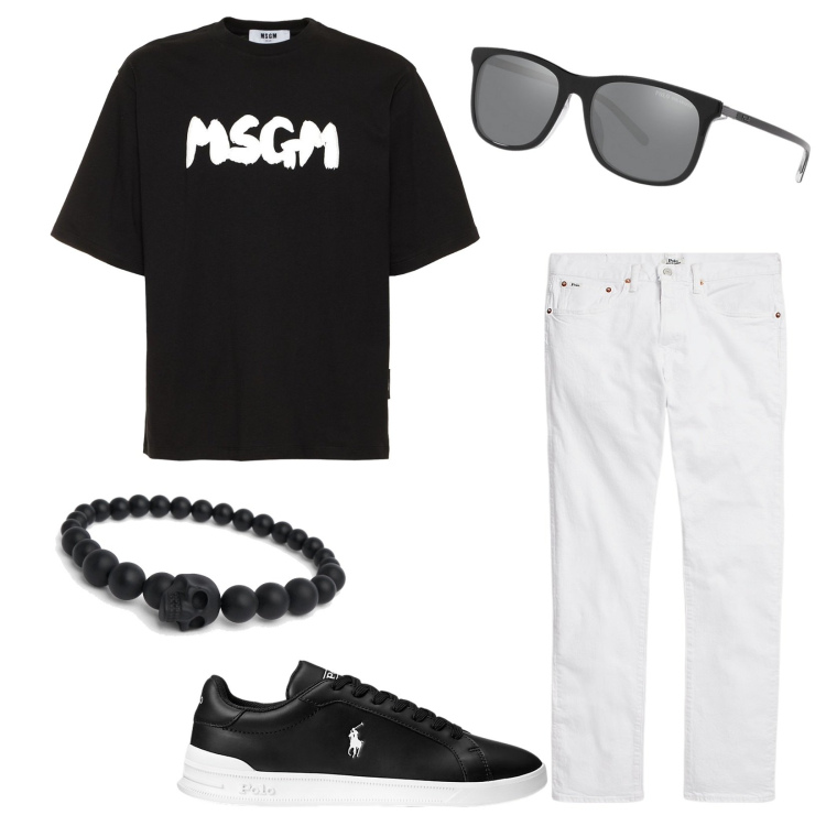 Outfit uomo - Happy saturday. Stile Casual per Serata speciale. Abbinamento con jeans, sneakers, occhiali da sole, braccialetti, t-shirt.