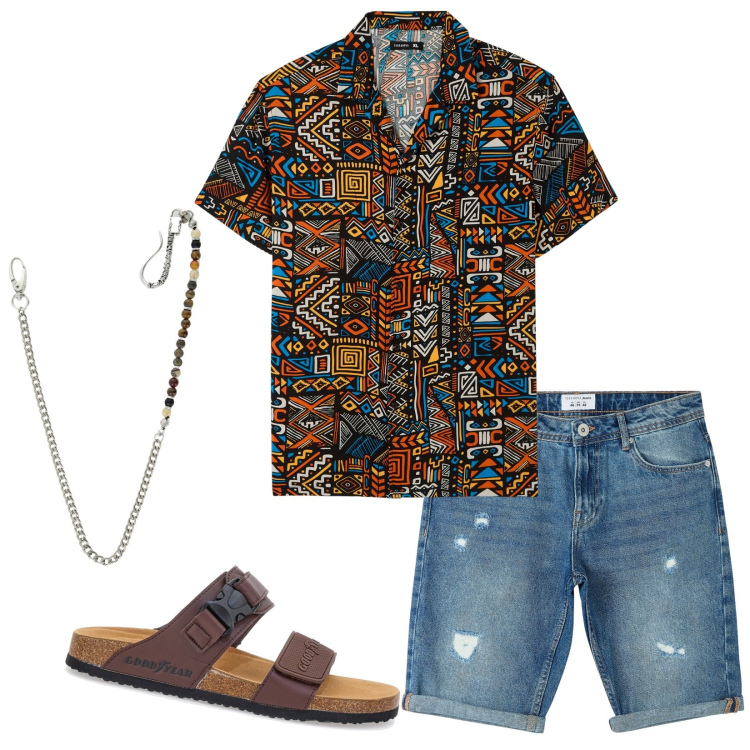 Outfit uomo - Crazy saturday. Stile Casual per Tutti i giorni. Abbinamento con camicie a manica corta, bermuda, collane, sandali.