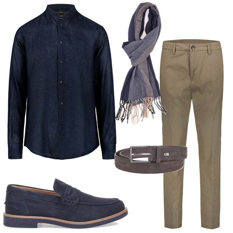 Outfit uomo - Le scarpe blu. Stile Urban per Ufficio. Abbinamento con sciarpe, pantaloni chino, camicie, scarpe stringate, cinture.