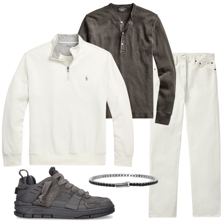 Outfit uomo - La t-shirt grigio scuro. Stile Casual per Tutti i giorni. Abbinamento con braccialetti, t-shirt, pullovers, jeans dritti, sneakers.