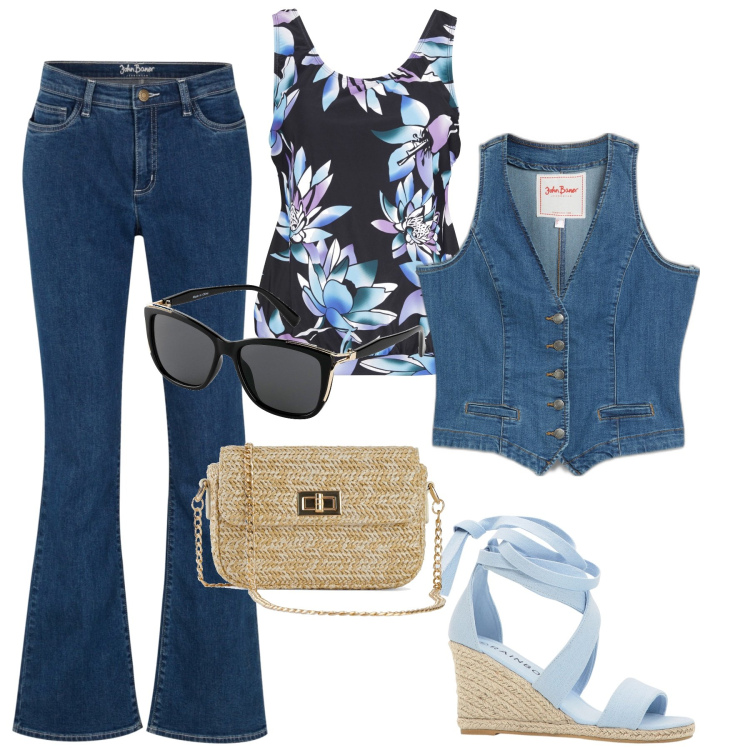 Outfit donna - Bonprix denim. Stile Glamour per Tutti i giorni. Abbinamento con jeans bootcut, gilet, occhiali da sole, top, borse a mano, sandali.