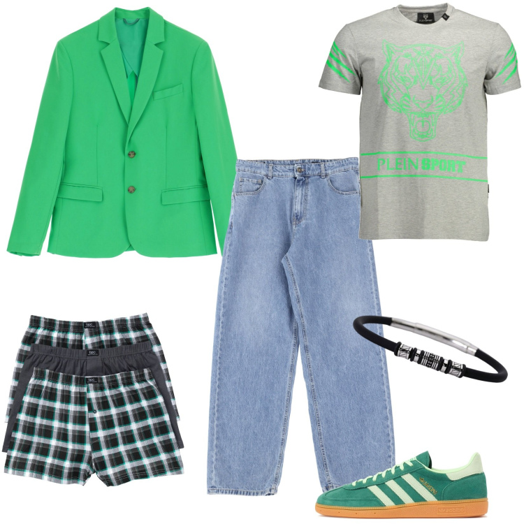 Outfit uomo - In discoteca. Stile Trendy per Serata speciale. Abbinamento con boxer, braccialetti, giacche, jeans, t-shirt, sneakers.