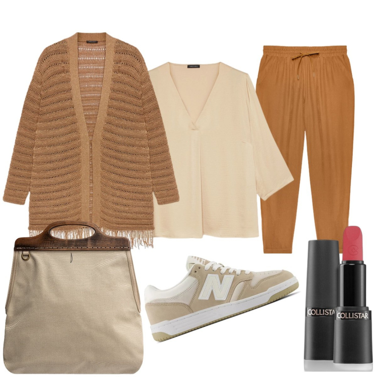 Outfit donna - I colori caldi dell’autunno. Stile Bon Ton per Tutti i giorni. Abbinamento con rossetti, sneakers, borse a tracolla, cardigans, bluse, pantaloni.