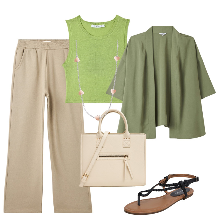 Outfit donna - Terranova. Stile Casual per Tutti i giorni. Abbinamento con kimono, ciabatte, pantaloni, top, shopping bag, collane.