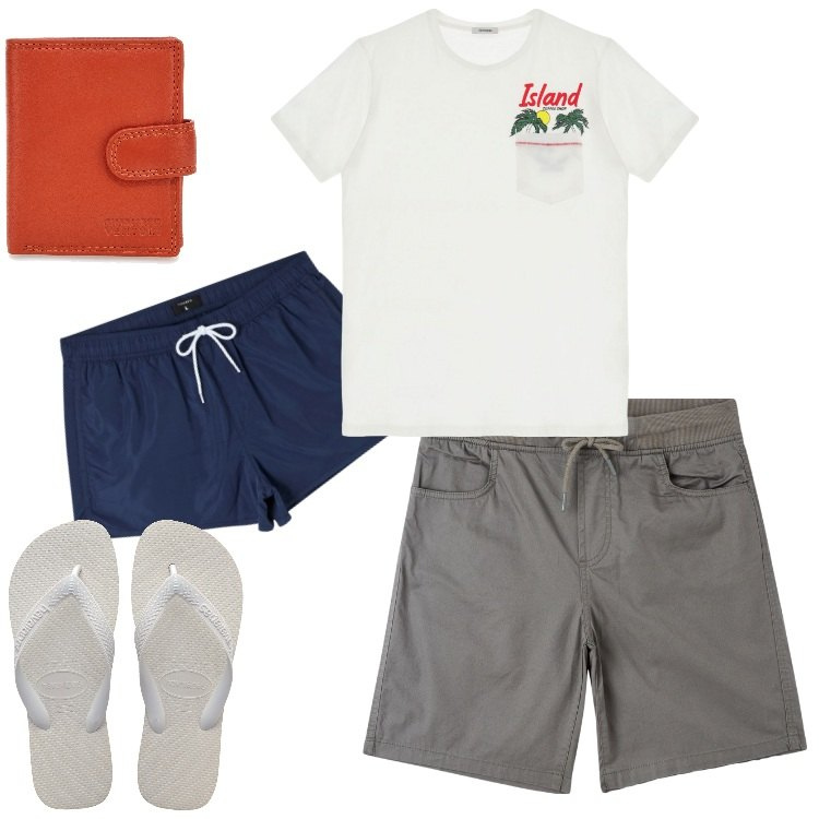 Outfit uomo - Ancora mare. Stile Casual per Mare. Abbinamento con costumi, shorts, t-shirt, sandali, portafogli.