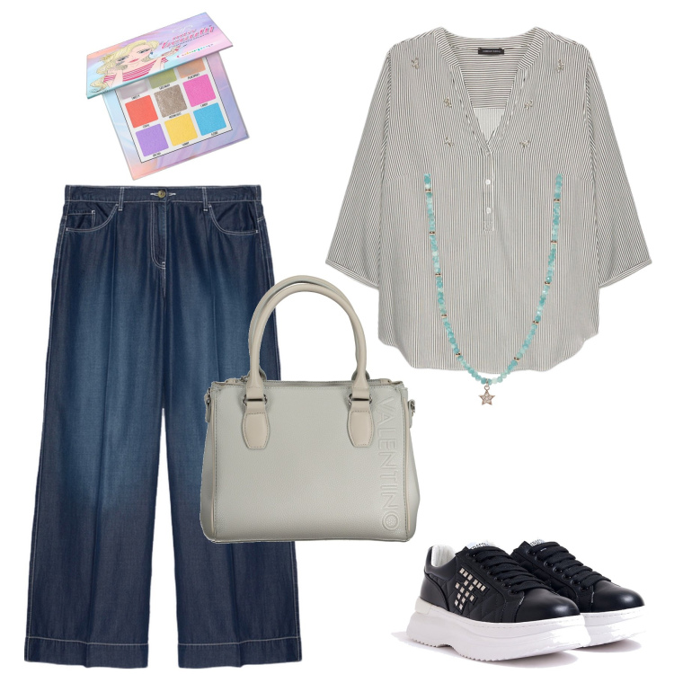 Outfit donna - Focus donna curvy. Stile Basic per Tutti i giorni. Abbinamento con ombretti, collane, sneakers, pantaloni, bluse, borse a spalla.