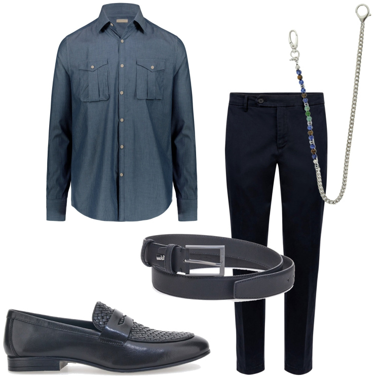 Outfit uomo - Ritorno in ufficio. Stile Business/Elegante per Ufficio. Abbinamento con collane, camicie, scarpe stringate, cinture, pantaloni chino.