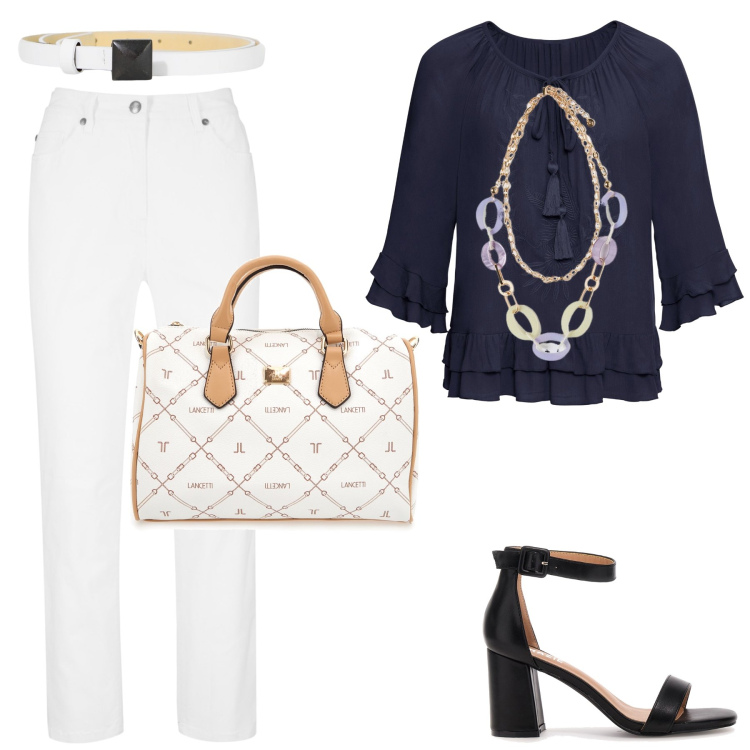 Outfit donna - Settembre. Stile Preppy per Ufficio. Abbinamento con pantaloni, tuniche, cinture, ciondoli, sandali col tacco, borse a mano.