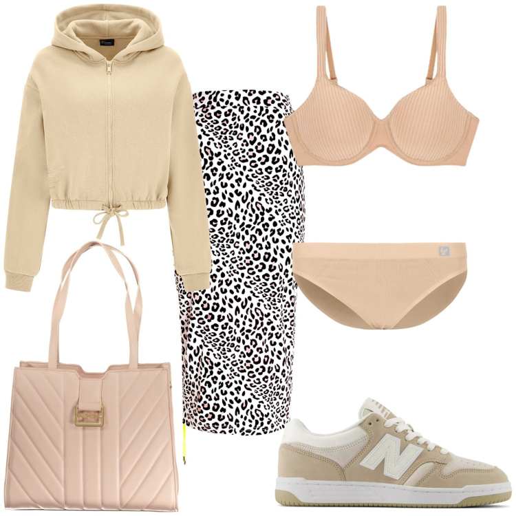Outfit donna - Sporty chic - gonna animaleur. Stile Sporty chic per Tutti i giorni. Abbinamento con sneakers, gonne lunghe, culotte, felpe con cappuccio, reggiseni, borse a spalla.