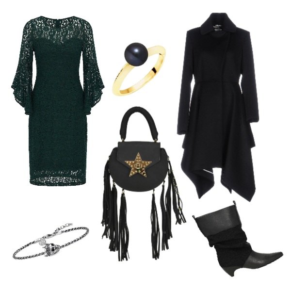 Outfit donna - La strega di Strigoria. Stile Rock per Serata fuori. Abbinamento con cappotto con strass collo classico a maniche lunghe interno sfoderato con spacco laterale tinta unita, stivaletti, vestito verde, borsa a tracolla mini made italy effetto scamosciato, anello in oro giallo, braccialetti.