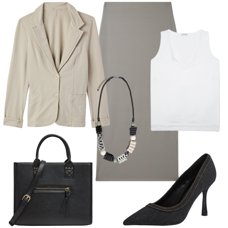 Outfit donna - Over size look formale. Stile Casual chic per Ufficio. Abbinamento con shopping bag, gonne lunghe, blazer, décolleté, top, collane.