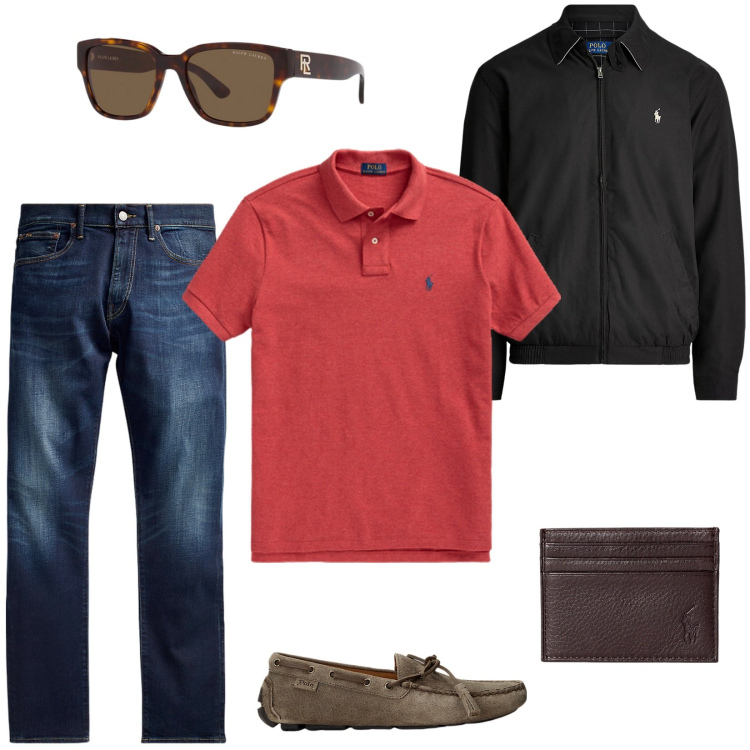 Outfit uomo - Aperitivo con i colleghi. Stile Casual per Serata speciale. Abbinamento con scarpe stringate, occhiali da sole, jeans, portafogli, giacche, polo.