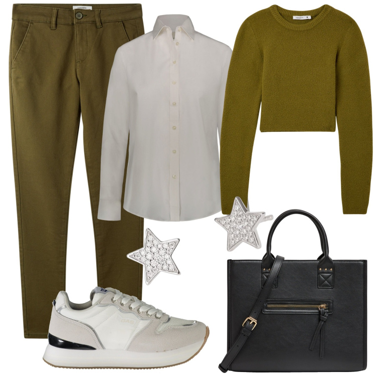 Outfit donna - Autunno curvy. Stile Casual per Ufficio. Abbinamento con shopping bag, pantaloni chino, maglieria, orecchini, sneakers, camicie.