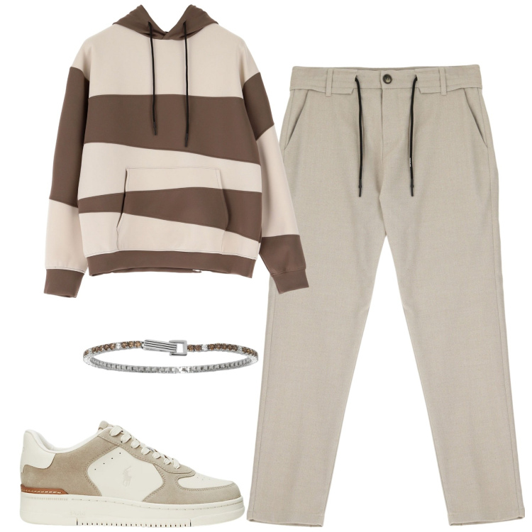 Outfit uomo - La felpa nocciola. Stile Casual per Tutti i giorni. Abbinamento con braccialetti, pantaloni, felpe con cappuccio, sneakers.