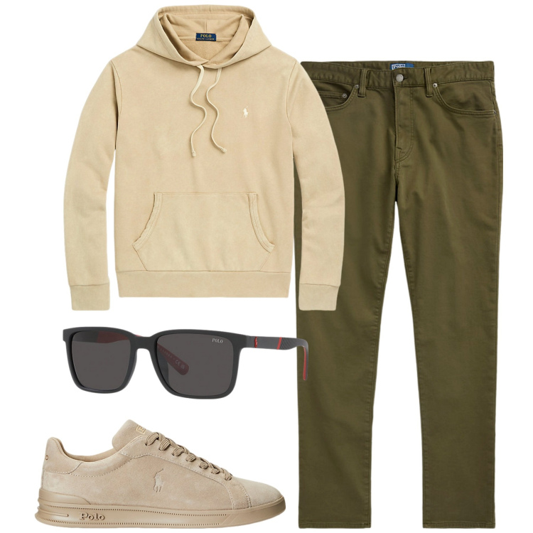 Outfit uomo - Ralph Lauren. Stile Casual per Tutti i giorni. Abbinamento con felpe con cappuccio, sneakers, occhiali da sole, pantaloni chino.