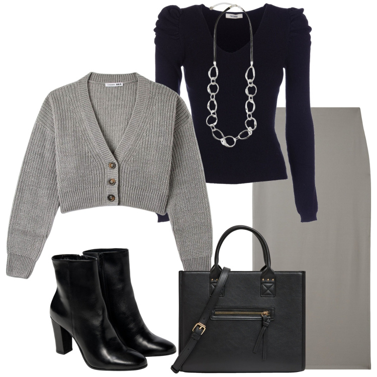 Outfit donna - Evento formale. Stile Casual chic per Serata fuori. Abbinamento con shopping bag, cardigans, gonne lunghe, maglieria, collane, stivaletti.